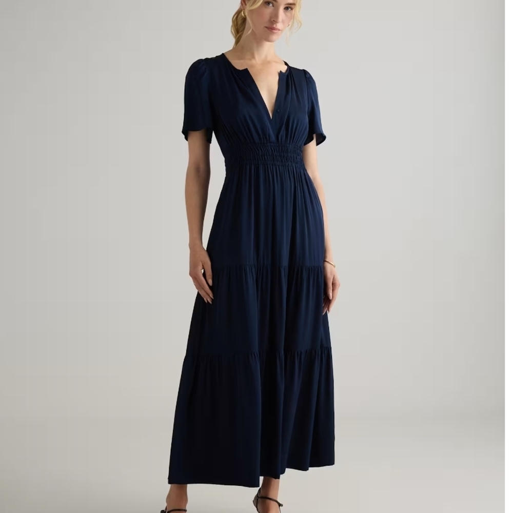 Quince Washable Silk Tiered Maxi Dress Navy Blue Size M